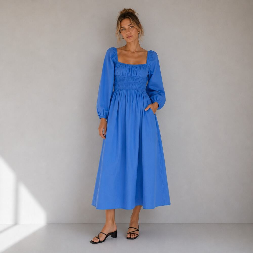 Faithfull The Brand El Palma Midi Dress in Pacific Blue Womens 4 Smocked